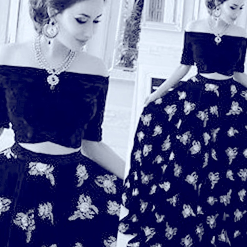 Navy Blue Saree and Velvet Off-The-Shoulder Blouse